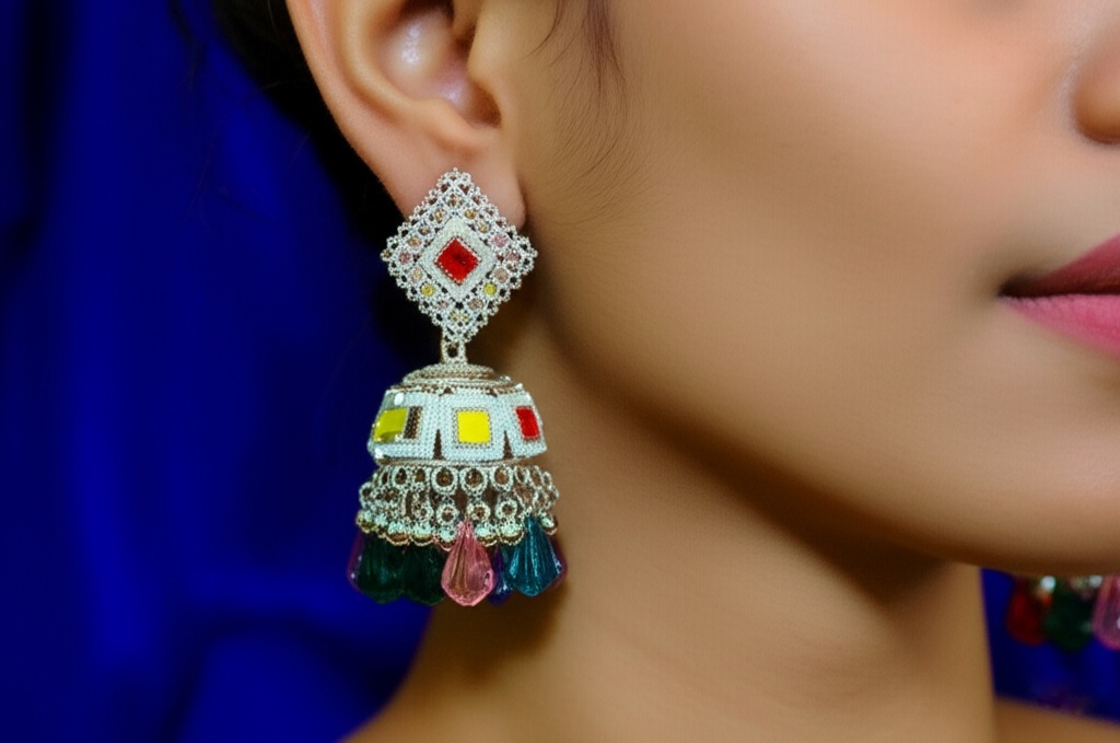 Silver-Plated Multicolor Jhumka Earrings for Women & Girls – Ethnic Festive Partywear Jewelry – Oxidised Jewellery by Luxe Aura