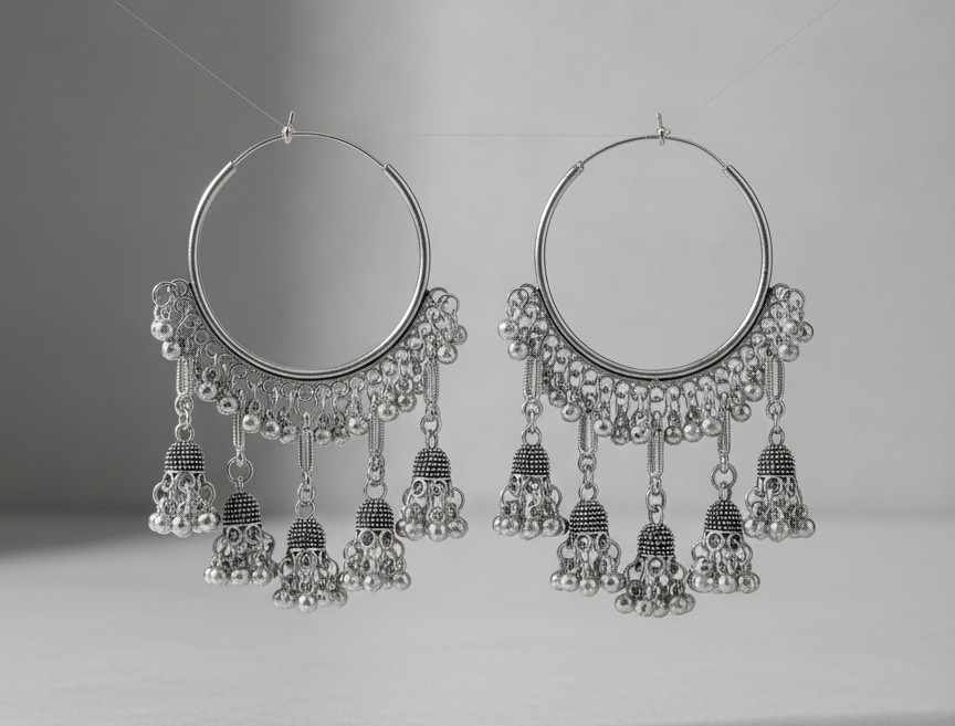 Oxidized Silver-Plated Hoop Jhumka Earrings – Oxidised Jewellery by Luxe Aura
