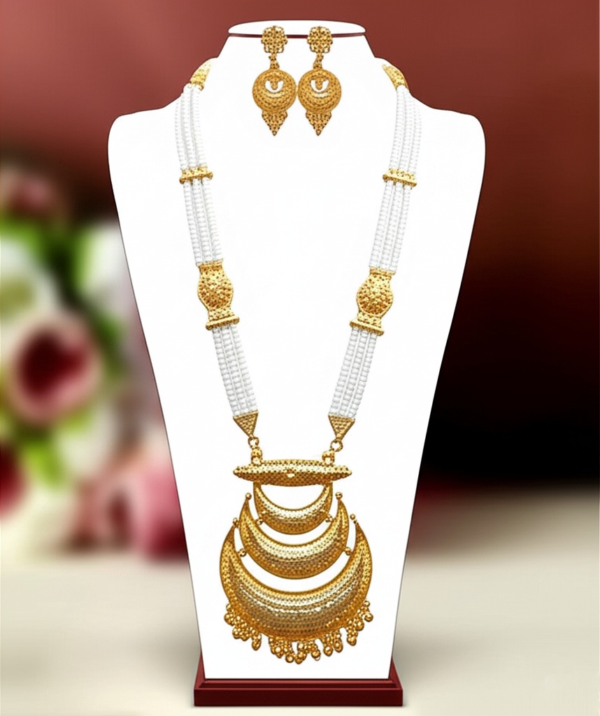 Grand Gold-Plated Chandbali-Style Rani Haar with Pearl Strands and Matching Earrings – Oxidised Jewellery by Luxe Aura