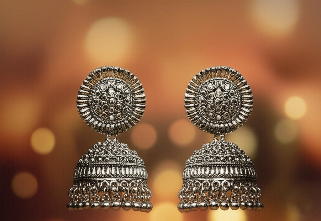 Traditional Oxidized Silver-Plated Dome Jhumka Earrings for Women & Girls – Ethnic Indian Imitation Jewelry – Oxidised Jewellery by Luxe Aura