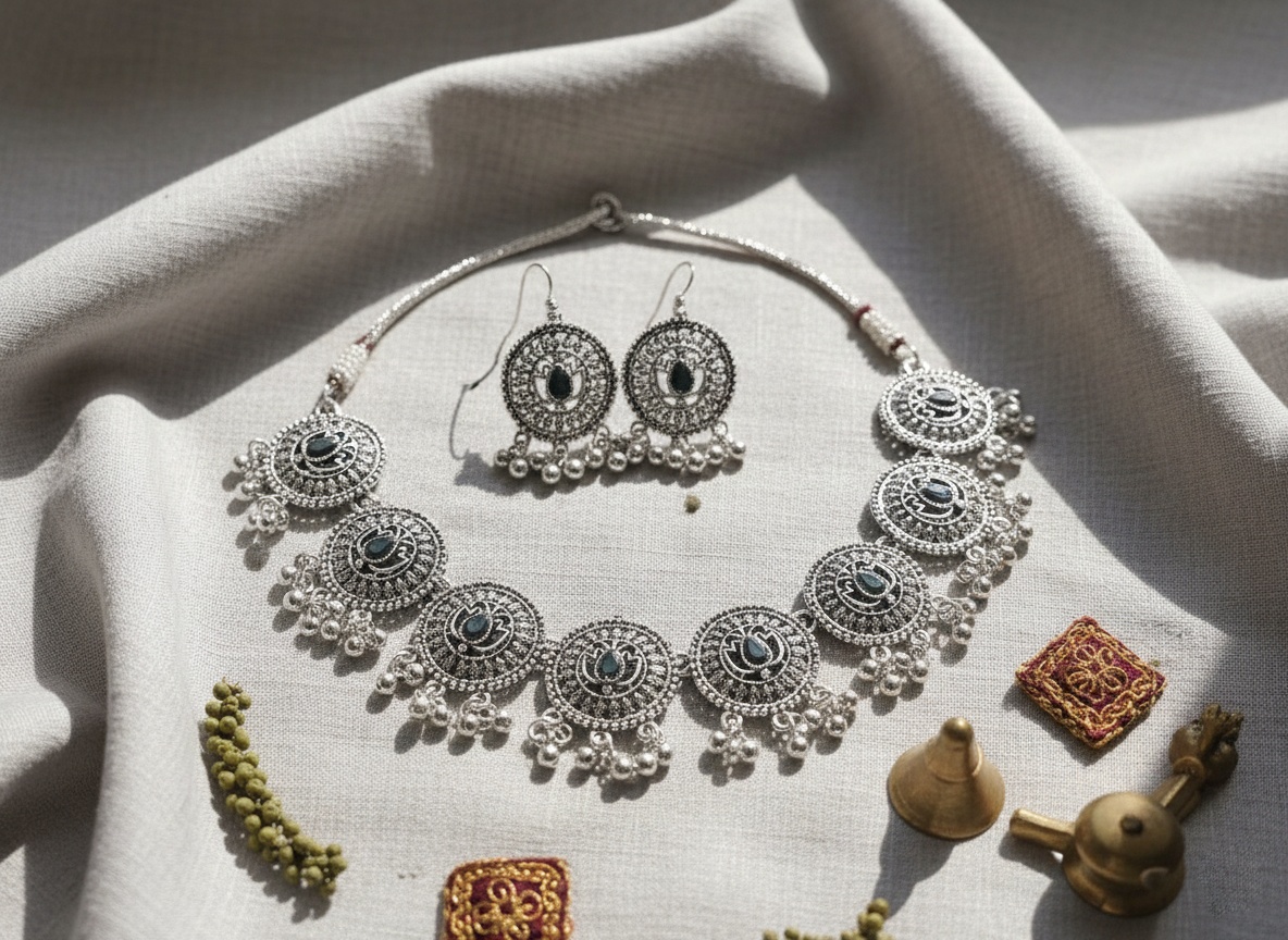 Oxidized Silver Plated Round Necklace Set with Earrings – Ethnic Jewelry – Oxidised Jewellery by Luxe Aura