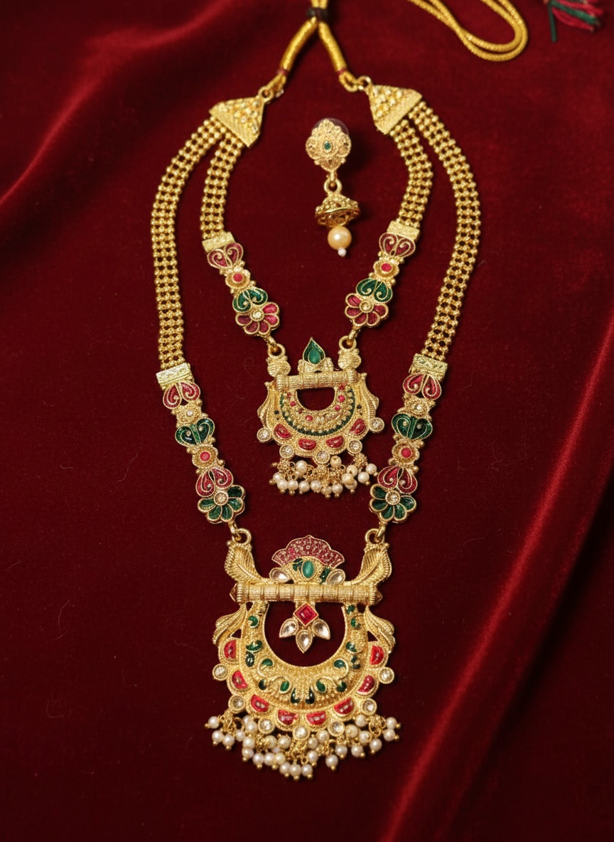 Grand Kundan & Meenakari Rani Haar with Layered Pearl and Gold Chains – Oxidised Jewellery by Luxe Aura