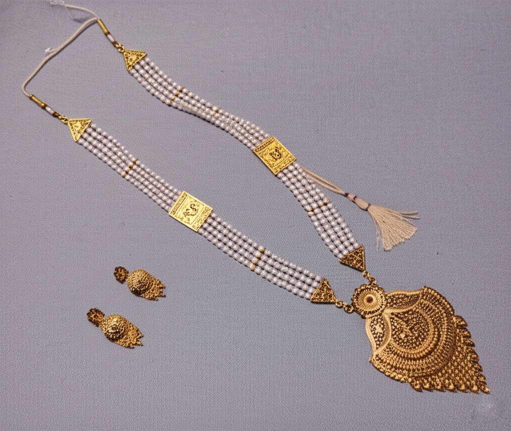 Grand Gold-Plated Rani Haar with Multi-Strand Pearls and Matching Dangle Earrings - Jewellery by Luxe Aura