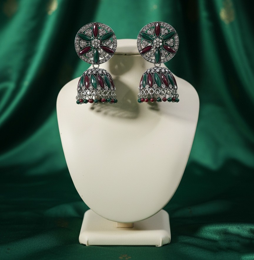 Oxidized Dual-Tone Stone Studded Jhumka Earrings – Oxidised Jewellery by Luxe Aura