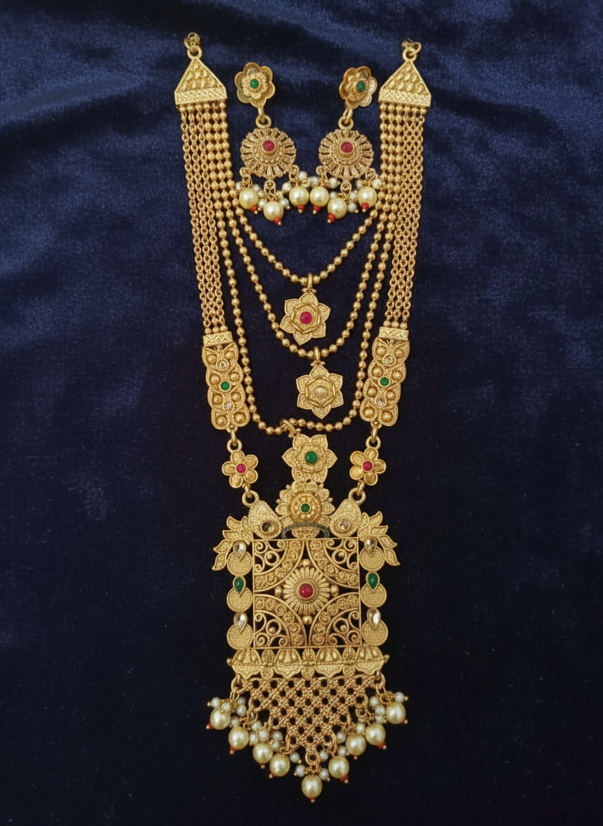 Product Details Product Title: Grand Antique Gold-Plated Layered Rani Haar with Kundan & Pearl Detailing – Oxidised Jewellery by Luxe Aura