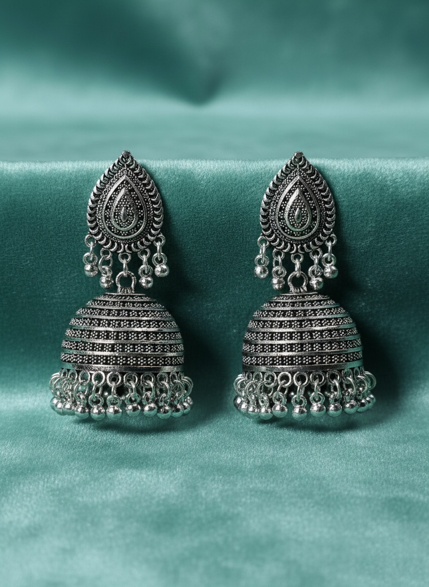 Traditional Oxidized Silver-Toned Tear Drop Jhumka Earrings – Oxidised Jewellery by Luxe Aura