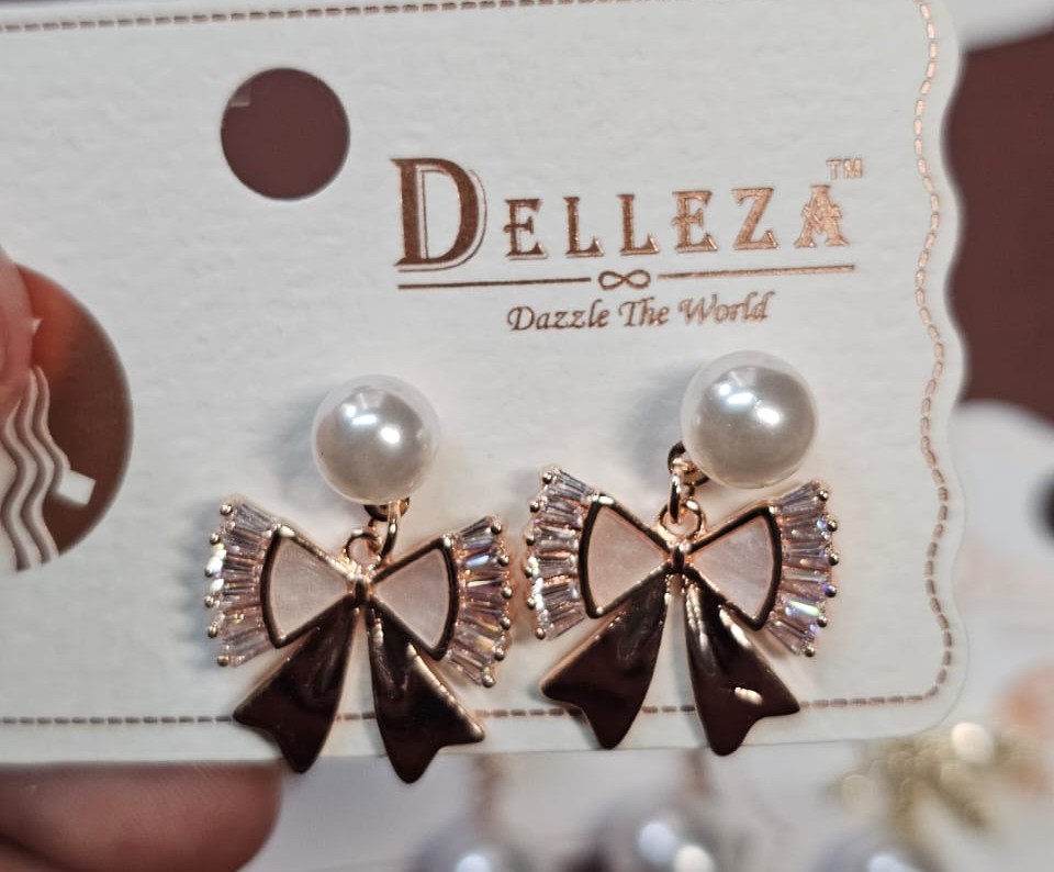 Delleza Ad Stone Bow Earrings with Pearl Stud – Oxidised Jewellery by Luxe Aura
