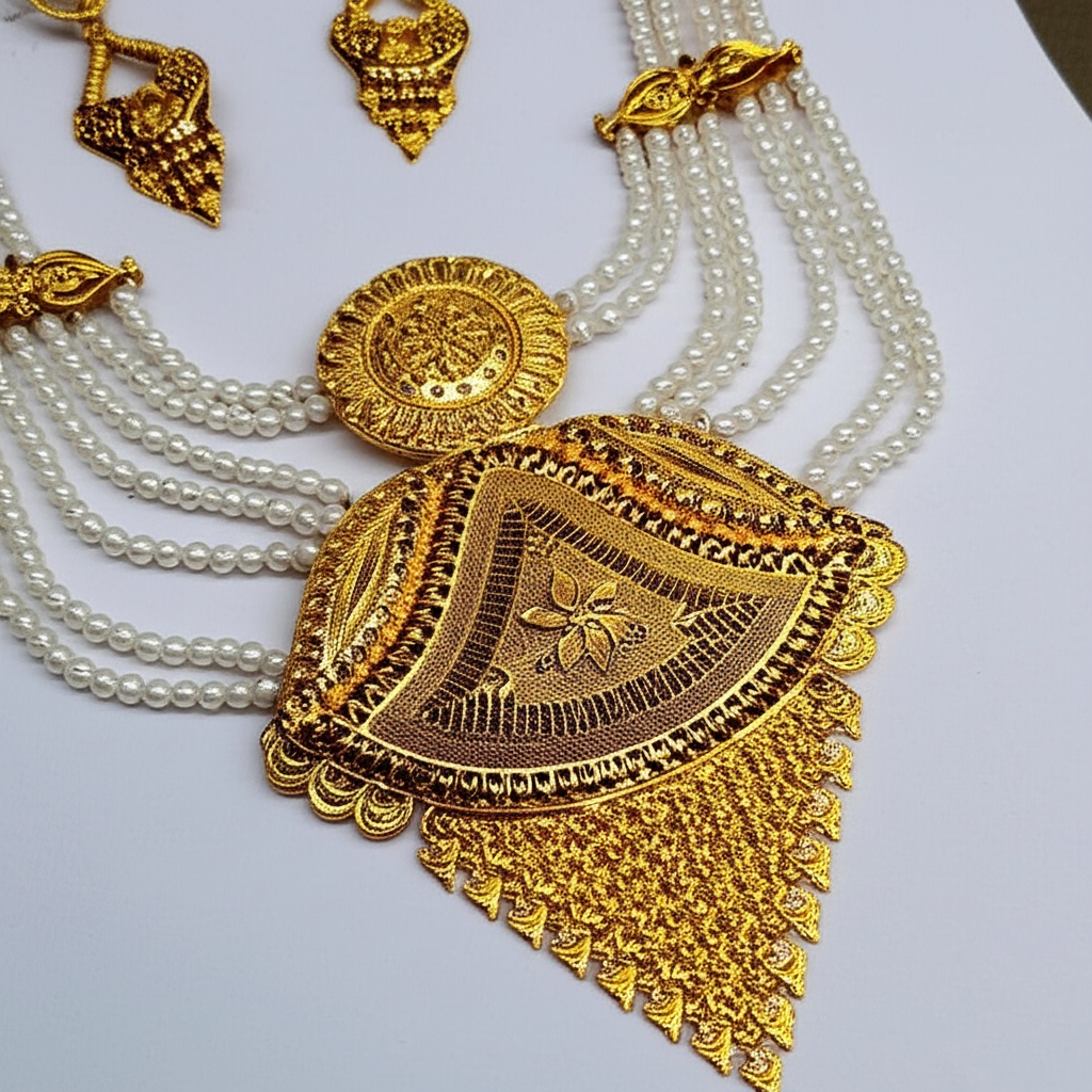 Grand Gold-Plated Rani Haar with Multi-Strand Pearls and Matching Earrings - Jewellery by Luxe Aura