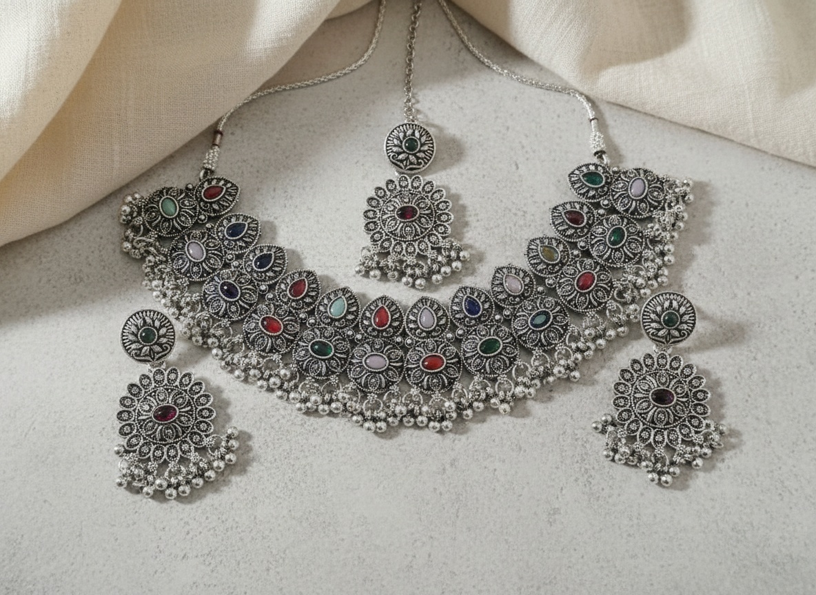 Antique Oxidized Silver-Toned Choker & Maang Tikka Set – Oxidised Jewellery by Luxe Aura