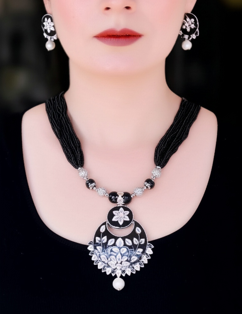 Black Beaded Multi-Strand Necklace Set with Enamel Peacock Pendant & Pearl Earrings – Oxidised Jewellery by Luxe Aura