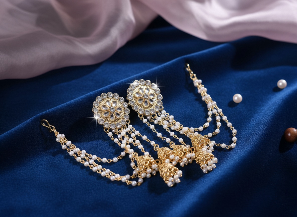 Grand Gold-Toned Jhumka Earrings with Multiple Pearl Chains & Kundan – Oxidised Jewellery by Luxe Aura