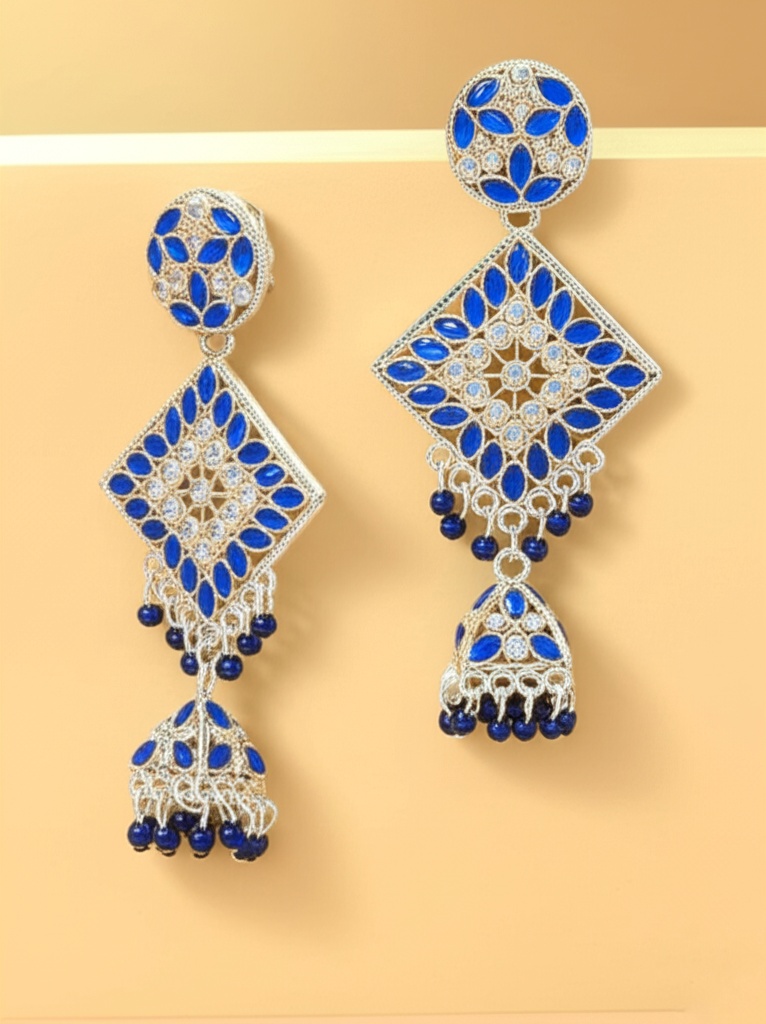 Elegant Blue Stone Long Dangler Jhumka Earrings – Oxidised Jewellery by Luxe Aura