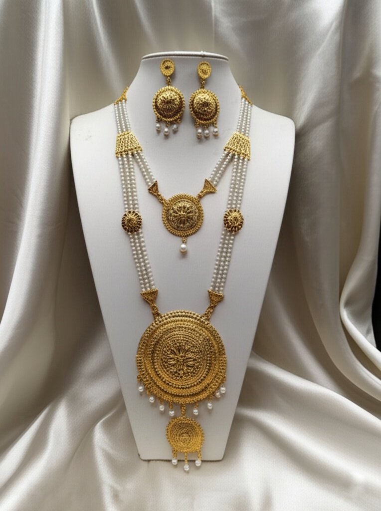 Traditional Gold-Plated Temple Jewelry Long Pearl Beaded Necklace Set with Earrings – Oxidised Jewellery by Luxe Aura