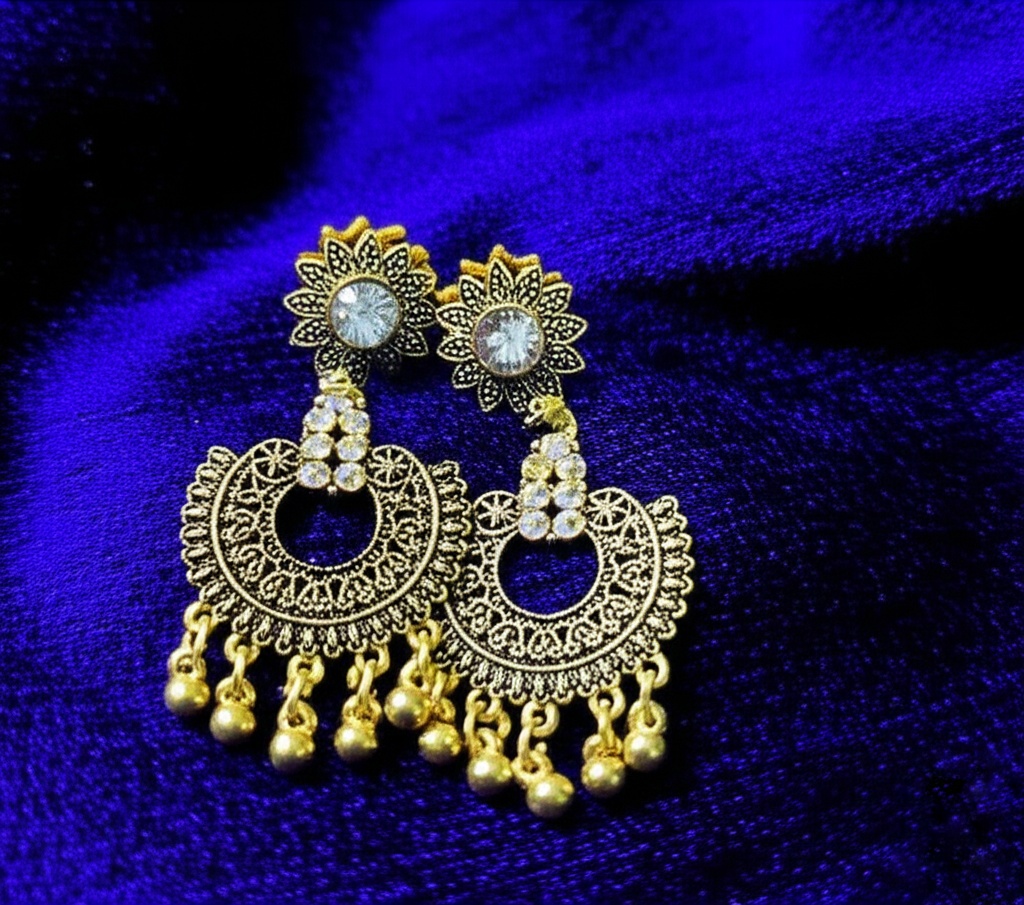 Traditional Gold-Plated Oxidized Chandbali Earrings with Floral Stone Studs & Dangling Beads – Oxidised Jewellery by Luxe Aura