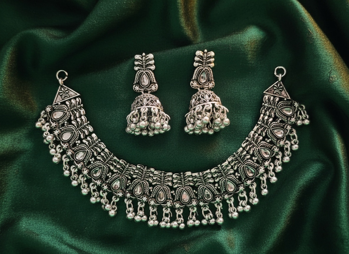Grand Oxidized Silver-Toned Choker & Jhumka Earring Set – Oxidised Jewellery by Luxe Aura