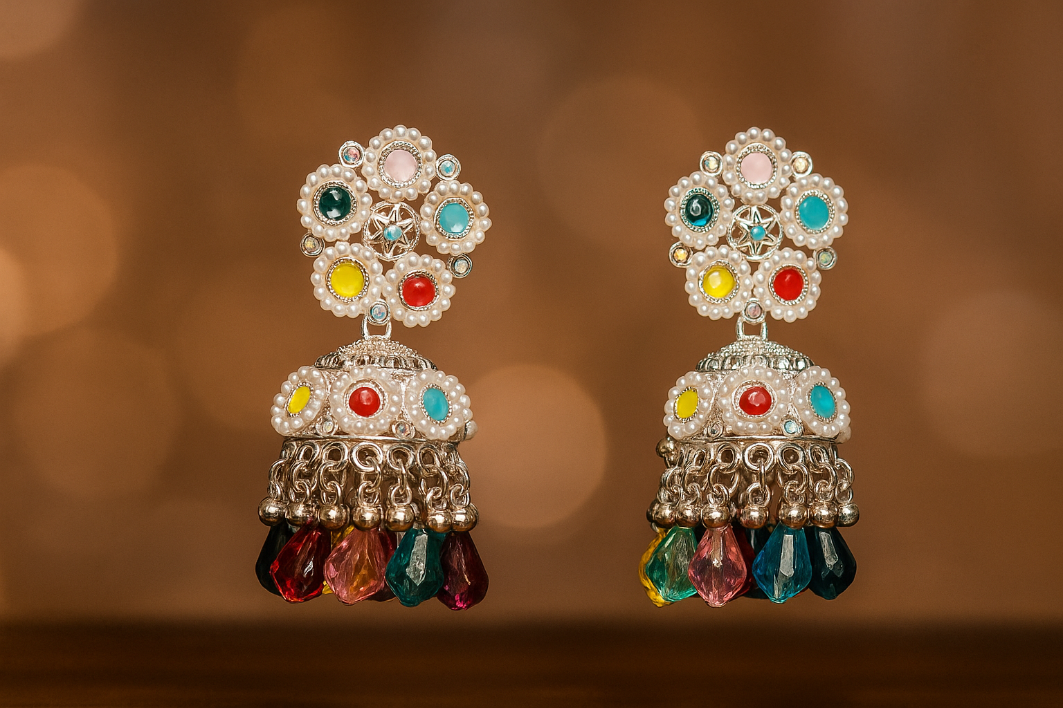 Silver-Plated Multicolor Pearl Studded Jhumka Earrings for Women & Girls – Ethnic Festive Jewelry – Oxidised Jewellery by Luxe Aura