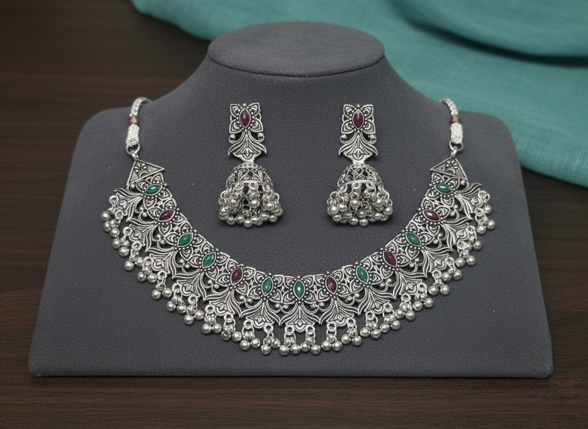 Antique Silver Plated Necklace Set with Earrings – Traditional Oxidized Jewelry – Oxidised Jewellery by Luxe Aura