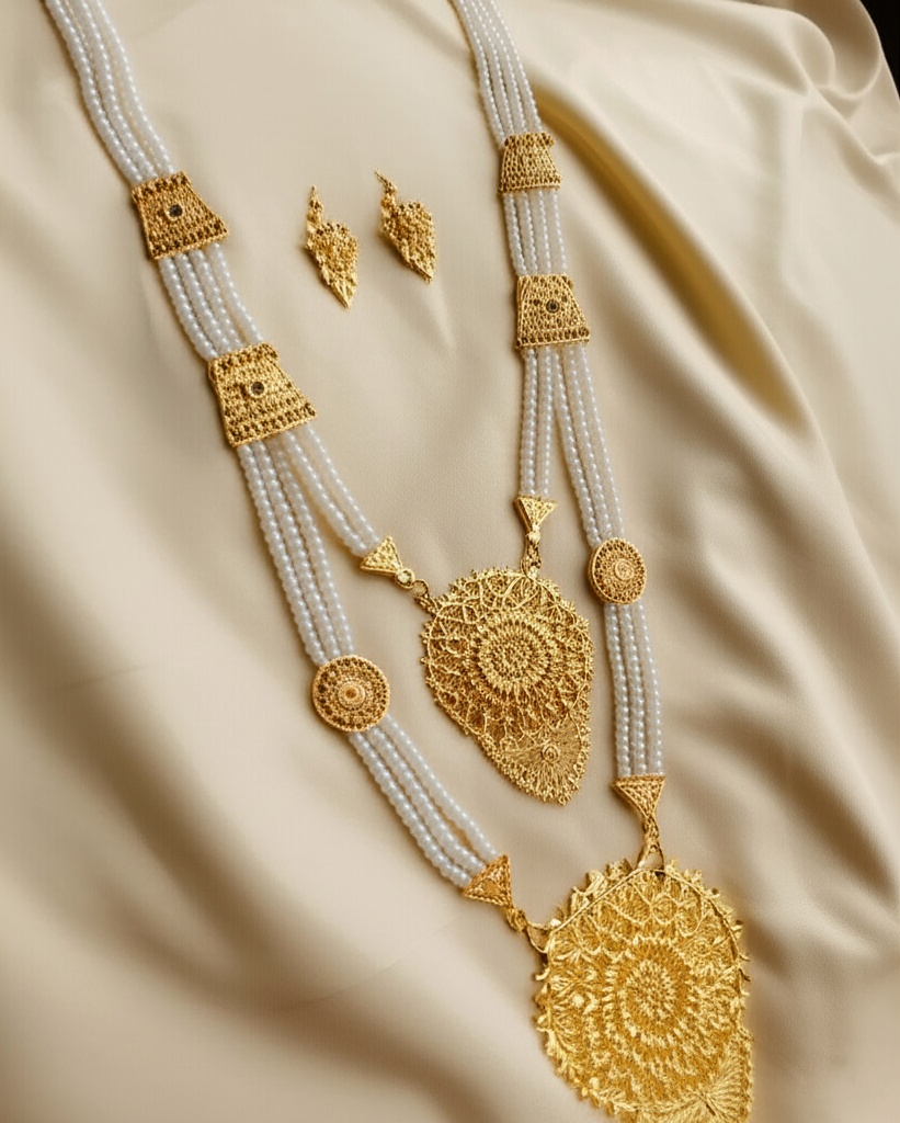Grand Gold-Plated & Pearl Multi-Tiered Rani Haar with Stud Earrings - Jewellery by Luxe Aura