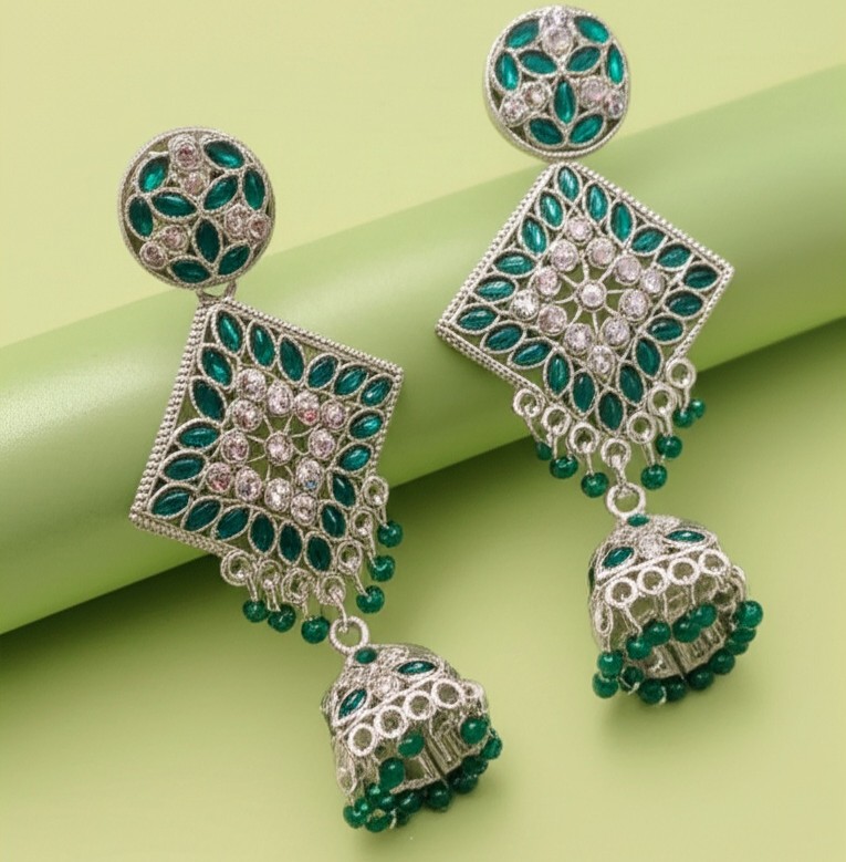 Elegant Green Stone Long Dangler Jhumka Earrings – Oxidised Jewellery by Luxe Aura
