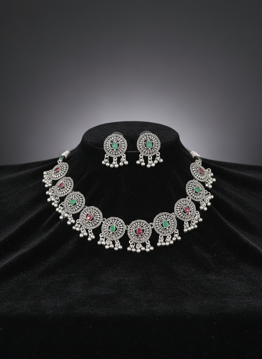 Oxidized Silver Plated Necklace Set with Green & Maroon Stones – Traditional Ethnic Jewelry – Oxidised Jewellery by Luxe Aura