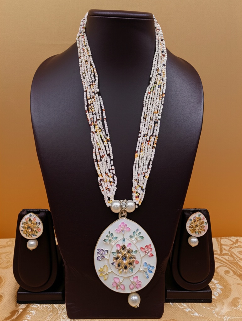 Multicolor Floral Enamel Pendant Pearl Beaded Necklace Set with Earrings – Oxidised Jewellery by Luxe Aura