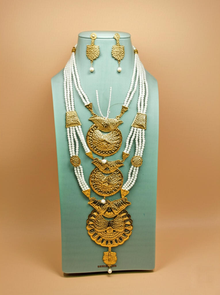 Elegant Gold-Plated and Pearl Rani Haar Necklace with Matching Earrings - Jewellery by Luxe Aura