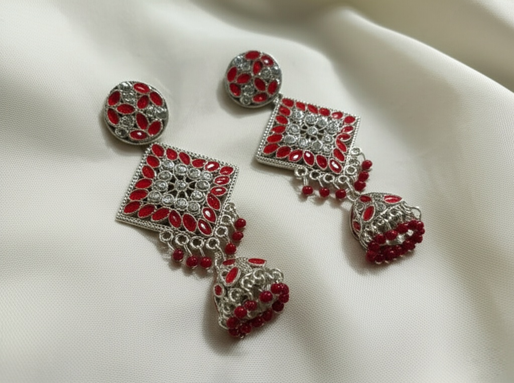 Elegant Red & White Stone Studded Long Jhumka Earrings – Oxidised Jewellery by Luxe Aura