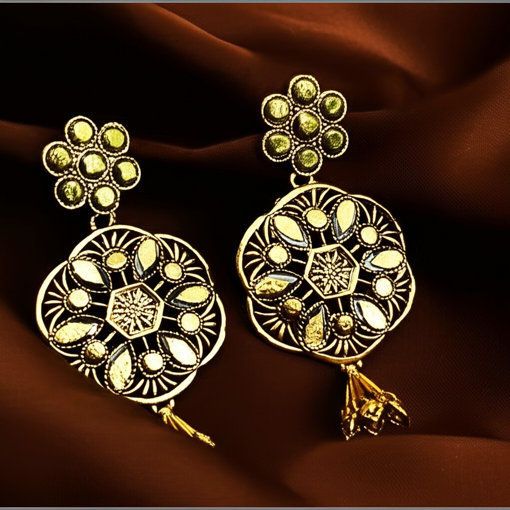 Traditional Gold-Plated Floral Round Statement Earrings with Dangling Beads – Ethnic Indian Jewelry for Women & Girls – Oxidised Jewellery by Luxe Aura